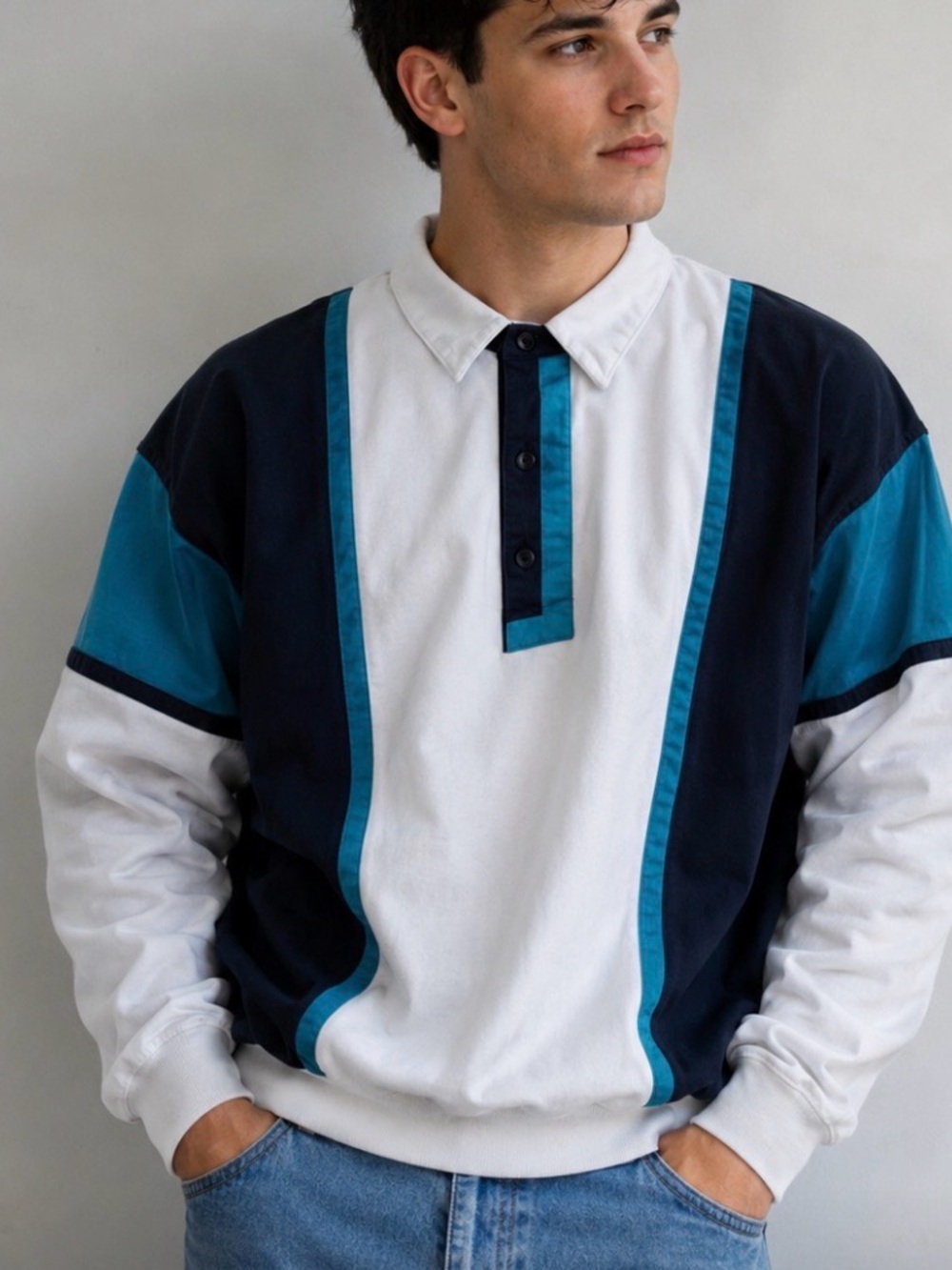 Vintage Colorblock 80s 90s Long Sleeve Polo - White, Teal & Navy Athleisure